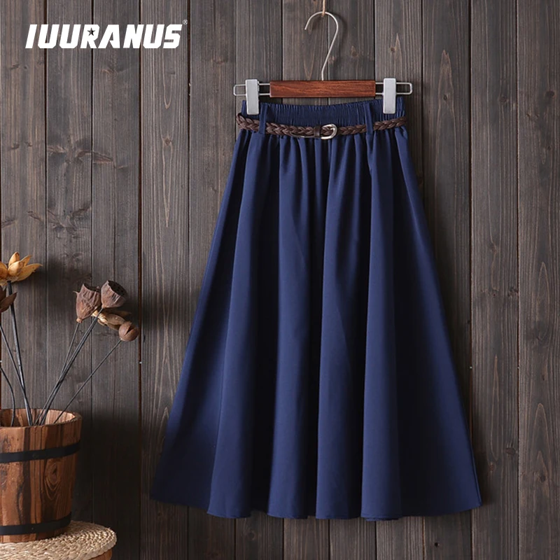 

IUURANUS Midi Knee Length Summer Skirt Women With Belt 2019 Fashion Korean Ladies High Waist Pleated A-line School Skirt Female