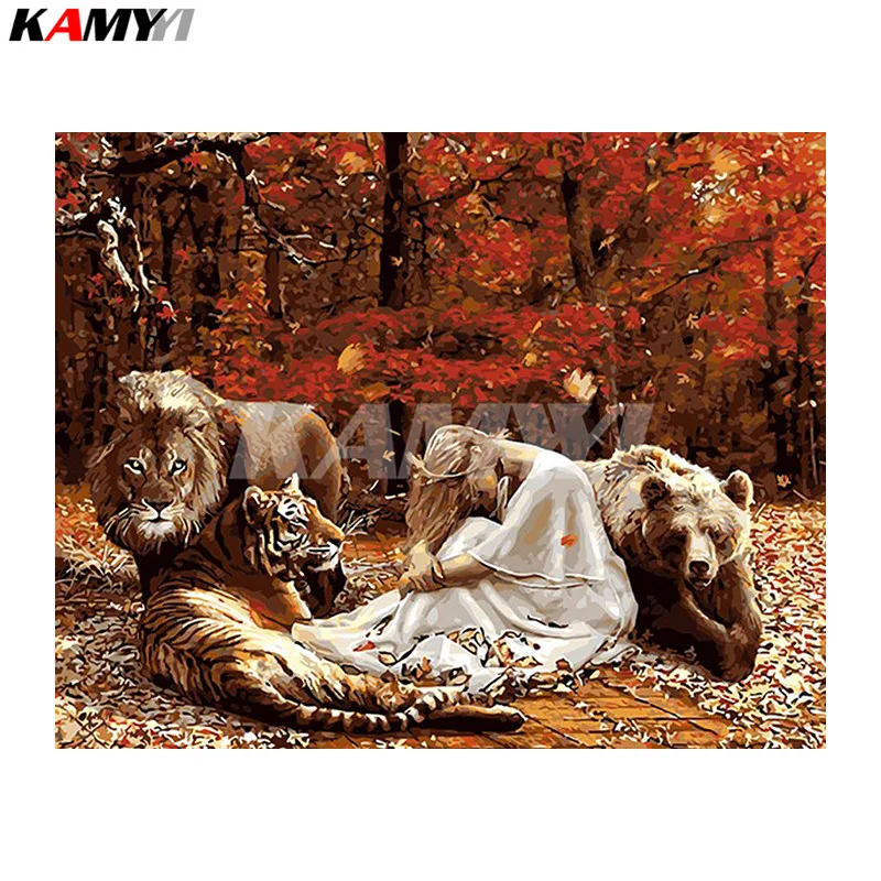 Sale diamond embroidery Girl And Animals DIY Diamond Painting Cross Stitch kits Diamond Mosaic tiger bead pattern puzzle picture_