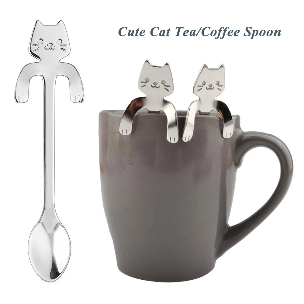

1 Piece Cute Cat Spoon Long Handle Spoons Flatware Drinking Tools Mini Flatware Coffee Hanging Up Teaspoon Kitchen Gadget