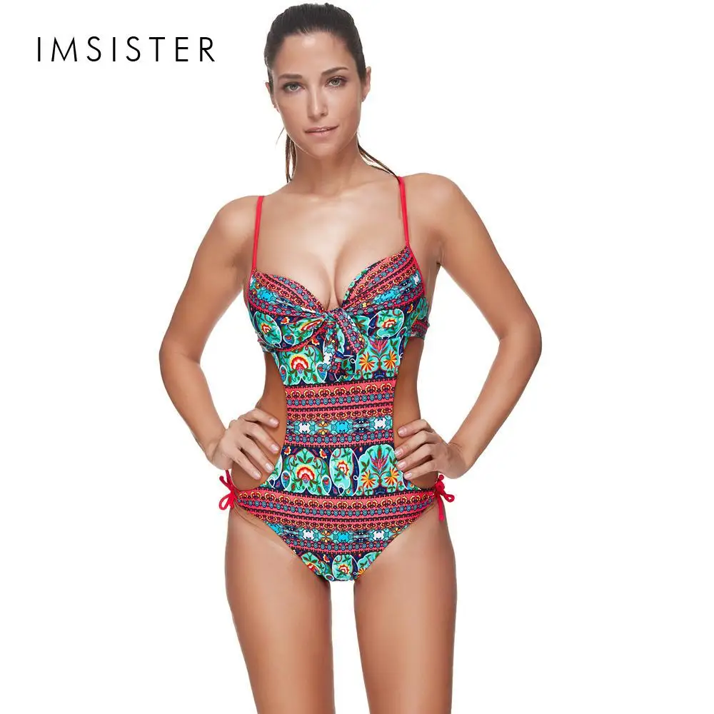 

2017 New Women's One Piece Swimsuit Push up & Underwire Swimwear Bohemia Floral Pattern Monokni Plus Size Sport Style