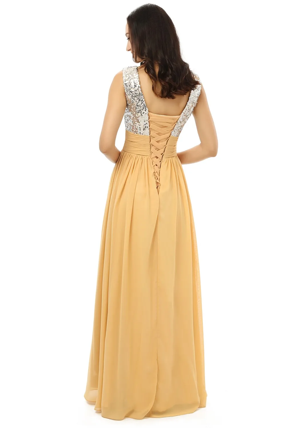 HVVLF элегантные вечерние платья 2019 трапециевидной формы с v-образным вырезом Золотой шифон Squins длинное вечернее платье выпускное платье