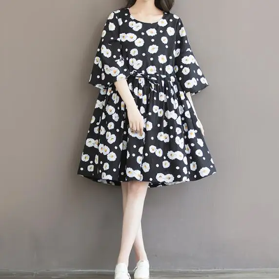 

daisy flowers print retro vintage Round collar cotton loose Large size women's dress 2019 summer new atyle mori girl dress AH264
