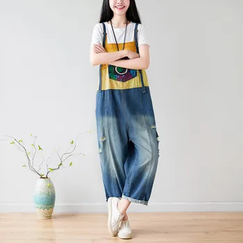 

Casual Denim Jumpsuit Plus Size 2020 Spring Summer Cotton Overalls for Women Loose High Waist Jeans Woman Holes Print Trousers