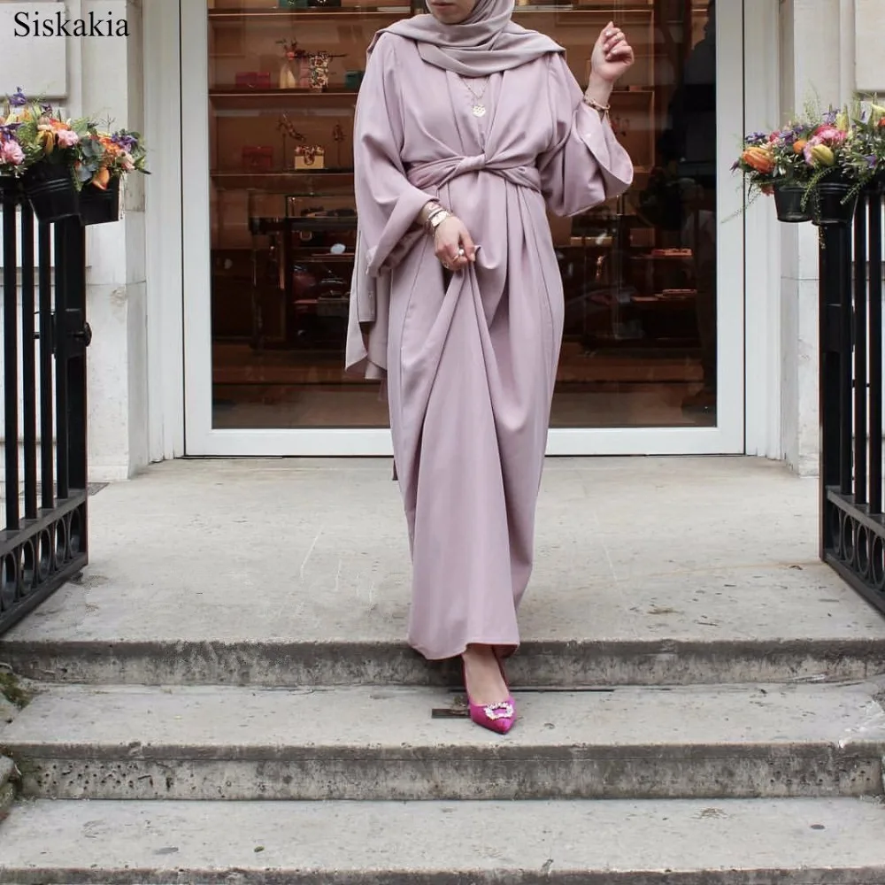 Siskakia Solid Muslim O-Neck Long Sleeve Bandage Robes Abaya Women Turkish Dubai High Waist Loose Female Abaya Casual Elegant  (1)
