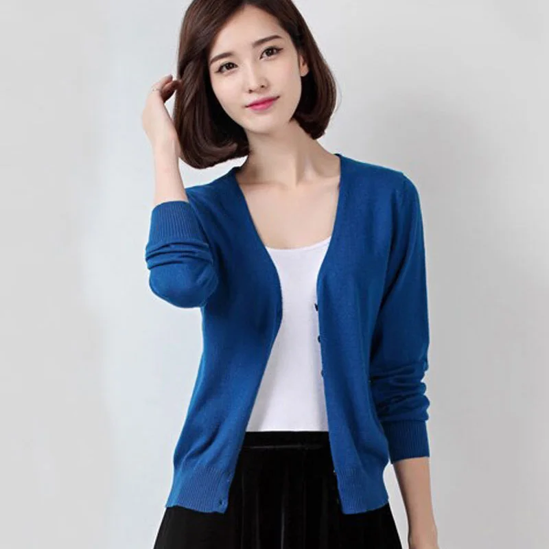 

Autumn Women Wool Knitted Cardigan V-Neck Soft Summer Thin Sweater Coat Blue 2017 Casual Female Long-Sleeve Elegant Short Tops