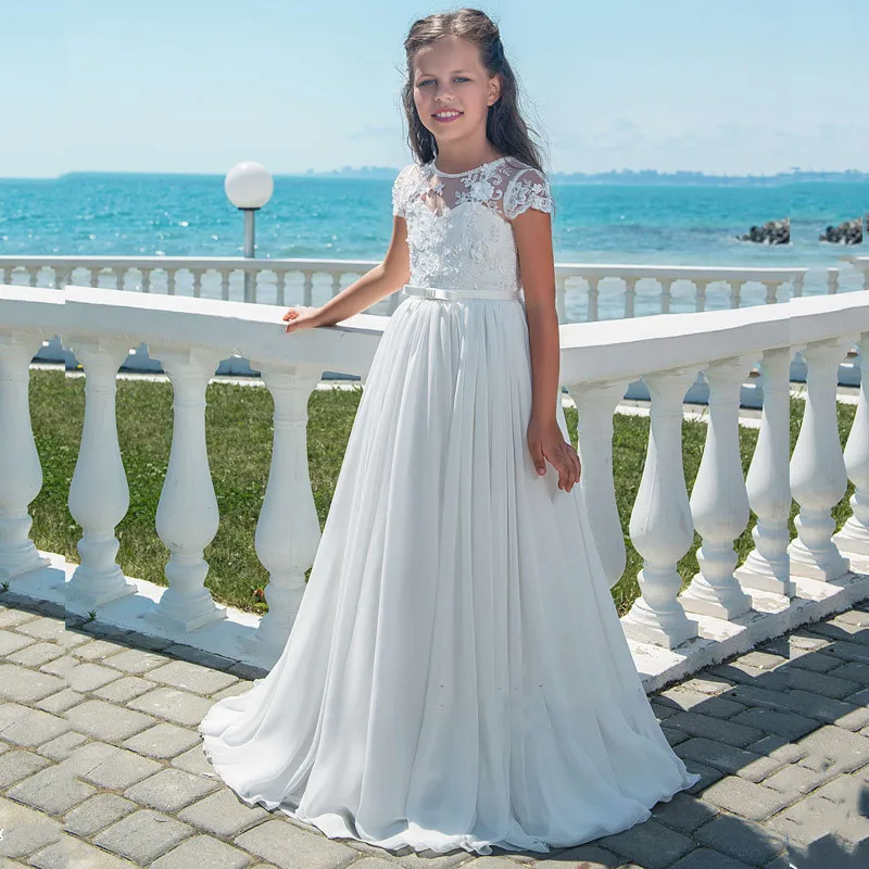 

New Arrivals A Line Girls Dresses Lace Appliques Cap Sleeve Long Chiffon Flower Girls Dress for Wedding First Communion Dresses