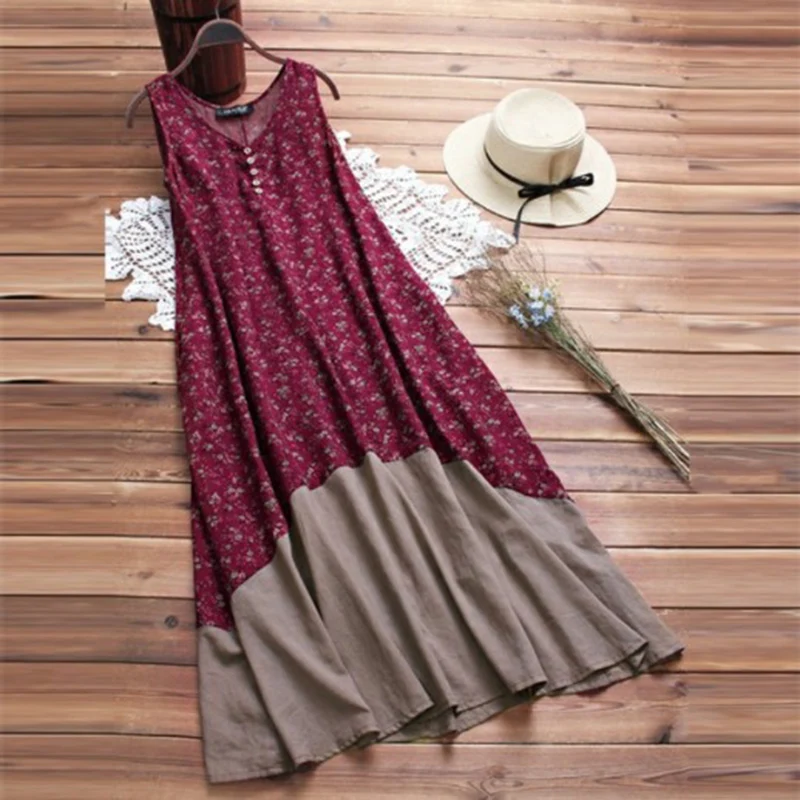 

Plus Size S-5XL 2019 Summer Women Dresses Sexy Sleeveless Floral Print Women Dress Loose V-Nnek Fashion Spliced Party Dress