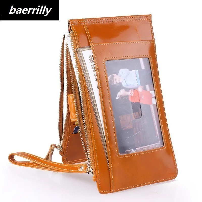 

2018 Genuine Oil Wax Leather Vintage Solid Clutch Bag Phone Cases Brand Women Wallet Double Zipper Genuine Leather Card Holder