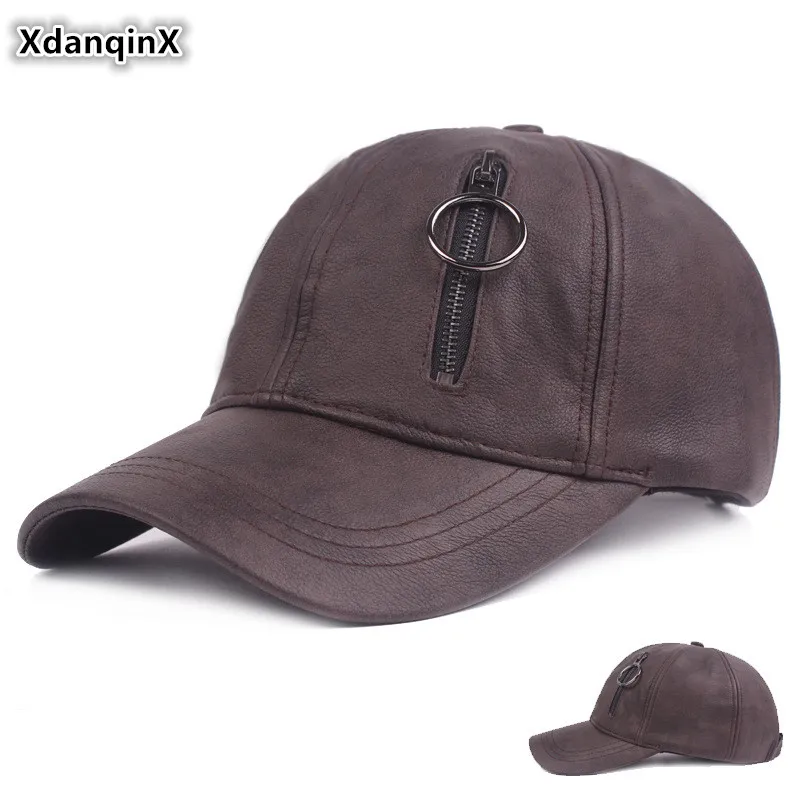 

XdanqinX PU Leather Cap Men's Fashion Baseball Caps Snapback Cap Adjustable Size Personality Hip Hop Cap Autumn Winter Warm Hat