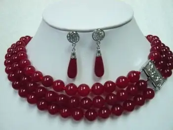 

FREE shipping>>>>>> Fancy 3 Row Green/Red Jade Necklace Earring Ring Set