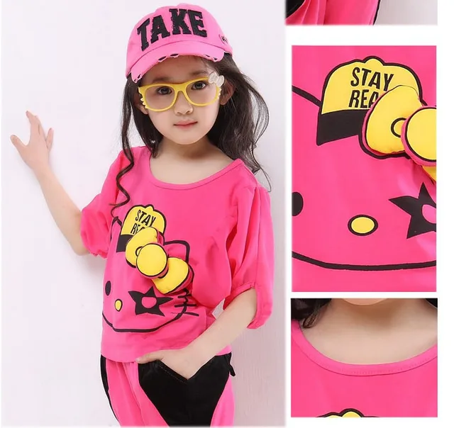 Meninas Vestir милый Hello Kitty дети одежда футболки + брюки дети
