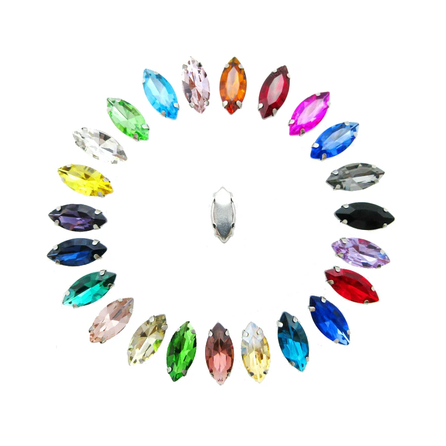 

Colorful glass Crystal Silver claw 8 sizes nice colors horse eye Navette Marquise shape Sew on rhinestones garment bags diy trim