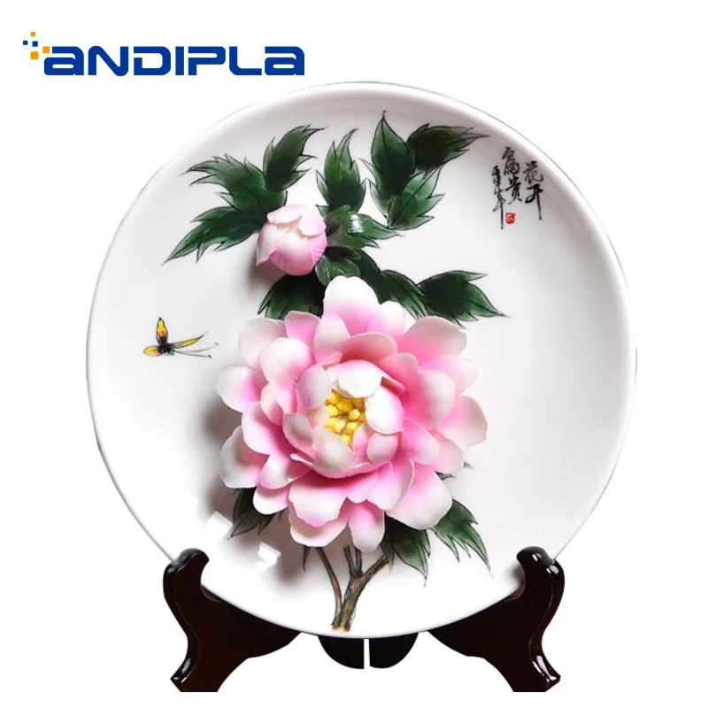 Chinese Style Table Decor Plate 3D Peony Flower Auspicious Ornaments Plates Ceramic Dish / Living Room Crafts Souvenir As Gifts | Дом и сад