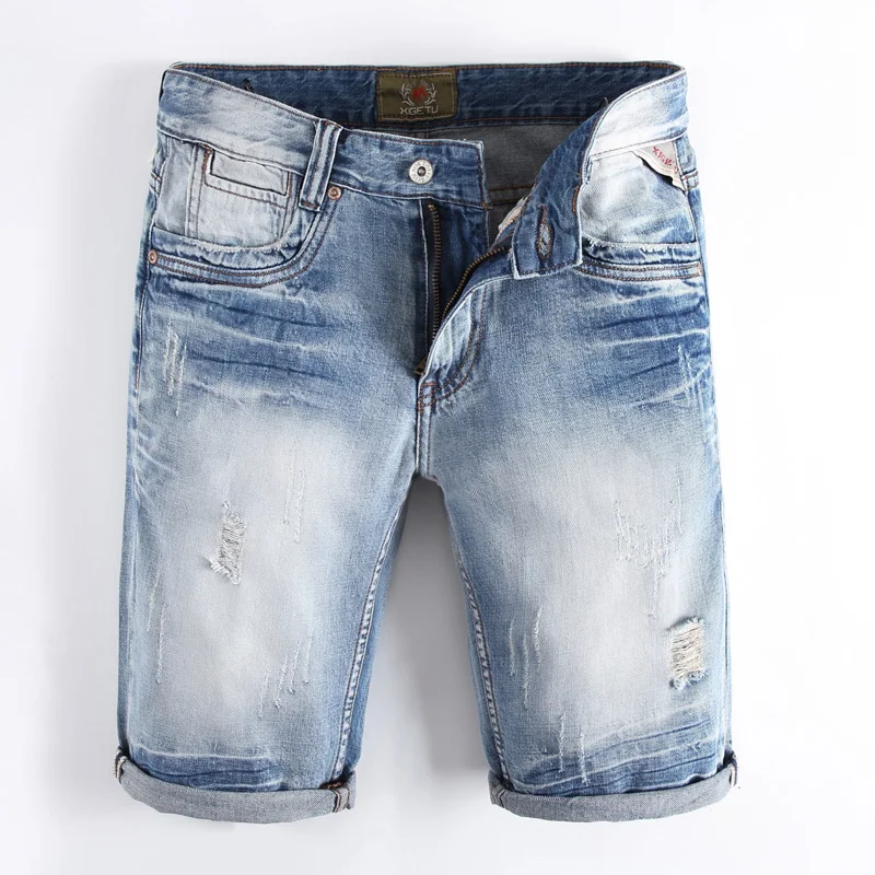 European Casual Men`s Jeans Shorts Summer Style Light Blue Ripped Jeans