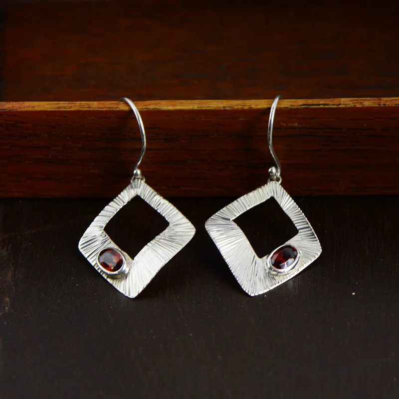 

925 Sterling Silver Ethnic Dangle Earrings Natural Garnet Geometric Earrings For Women Best Gifts Personalized Jewelry Oorbellen