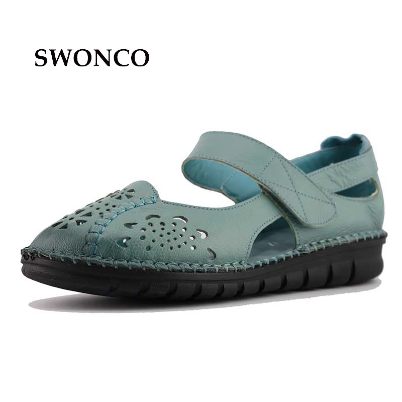 41 Summer Leather Handmade Mom Sandals Soft Bottom 2017 Summer New Toe  Cover Quality Flat Sandals Shoes Anti Slipping