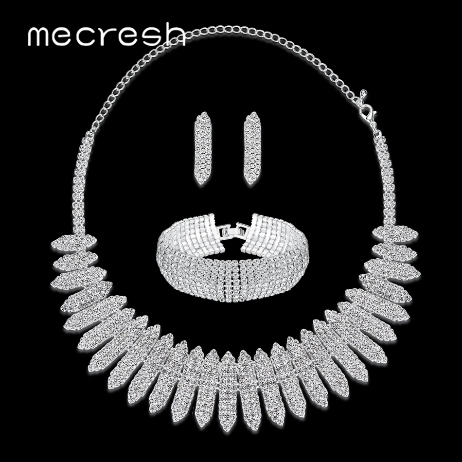 Mecresh Crystal Bridal Jewelry Set for Women Clear Rhinestone Geometric Bracelet Necklace Sets Wedding Accessories TL477+SL341-8 | Украшения