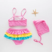 Летние бикини из двух предметов для маленьких девочек, купальники с оборками, радужные топы, детский купальник с цветочным рисунком, купальники с шапкой для девочек