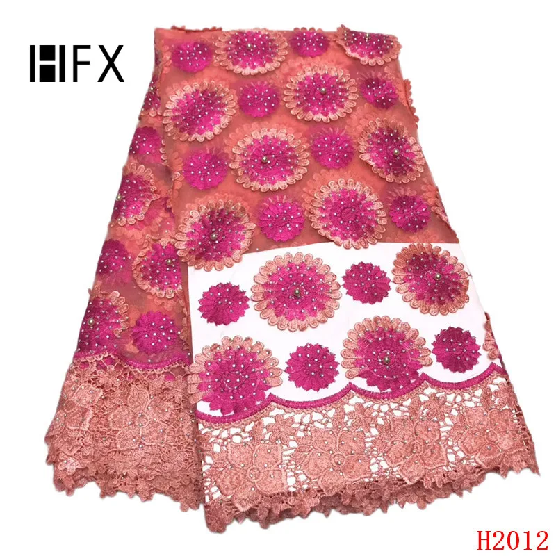 

HFX Peach/Pink French Tulle Lace 2019 Nigeria Embroidered High Quality Stones Net Lace Fabric with Beads X2012
