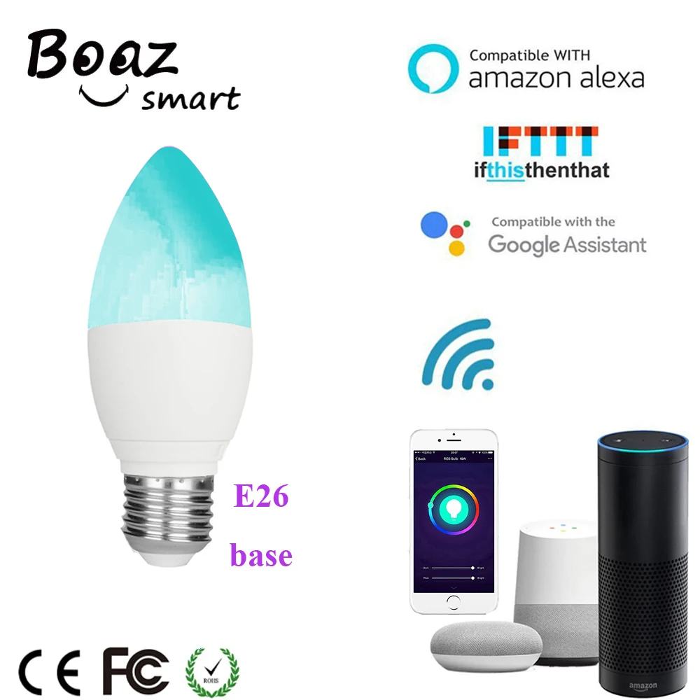 

BOAZ Smart Wifi Bulb Light E26 Wifi Candle Light RGBW LED Bulb Alexa Google Home Tuya Smart APP Remote Bulb IFTTT Smart Light