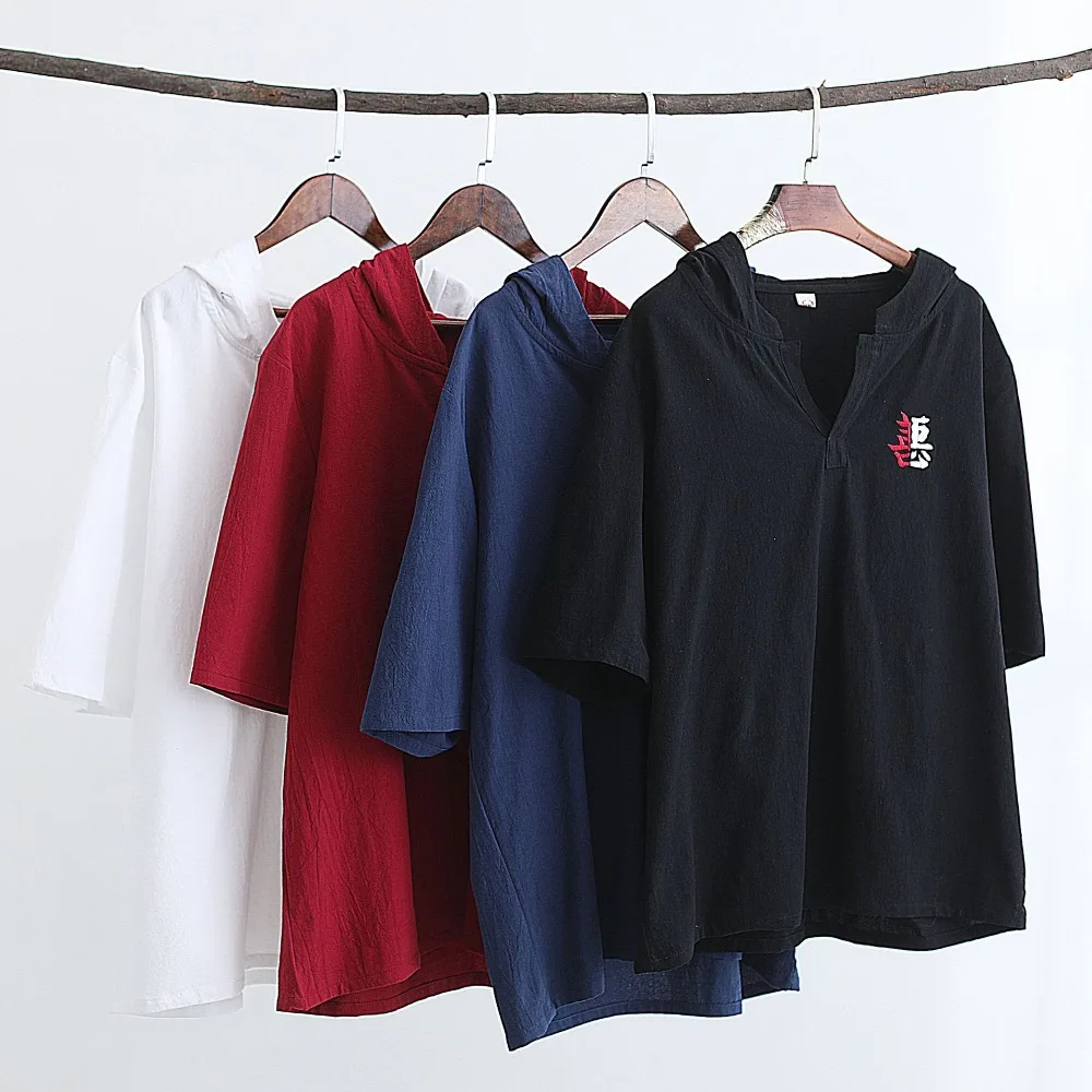 LZJN 2019 Men's Shirt Summer Style Hooded Short Sleeve Blouse Top Men New Casual Embroidery Cotton Linen Shirt Camisas De Hombre (32)
