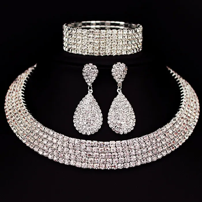 Hot Selling Bride Classic Rhinestone Crystal Choker Necklace Earrings and Bracelet Wedding Jewelry Sets Wedding Accessories