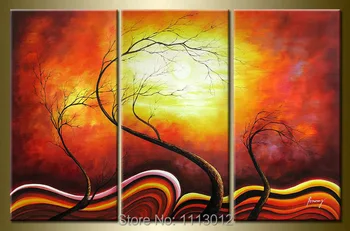 

Hand Painted Home Wall Decoration 3 Panel Red Life Tree Oil Painting On Canvas Modern Landscape Abstract Picture For Living Room