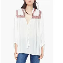 Nice Fashion Women Blouses Bohemian Retro Embroidery Belted Puff Sleeve Shirts Female Casual Tops Ladies Black Tops plusADGL242