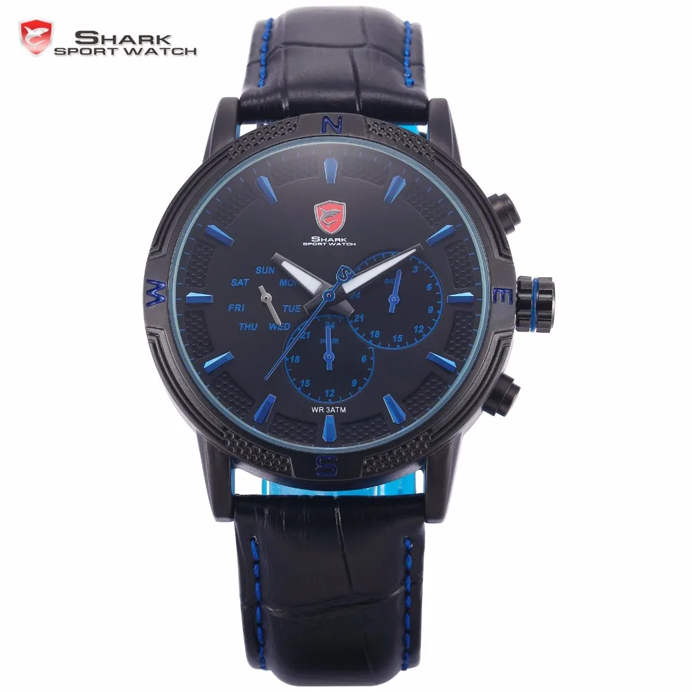 Men Shark Sports Watch Planet Blue Analog Black Leather Strap 6 Hands Date Day Waterproof Outdoor Army Quartz Watches / SH348