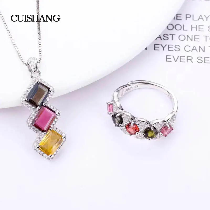 

CSJ Fine Jewelry Sets 925 Sterling Silver Natural Gemstone Multicolor Tourmaline wedding Engagment for women
