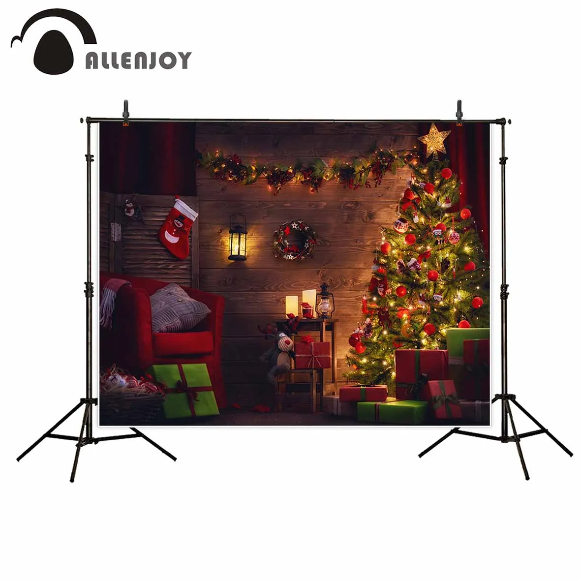 

Allenjoy photography backdrop Red Green Christmas Tree Stocks Decorative Sofa background photo studio camera fotografica
