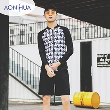 Корейский мужской купальник из двух частей черный геометрический с длинным рукавом, на молнии солнцезащитный Сноркелинг серфинг пляжный купальный костюм