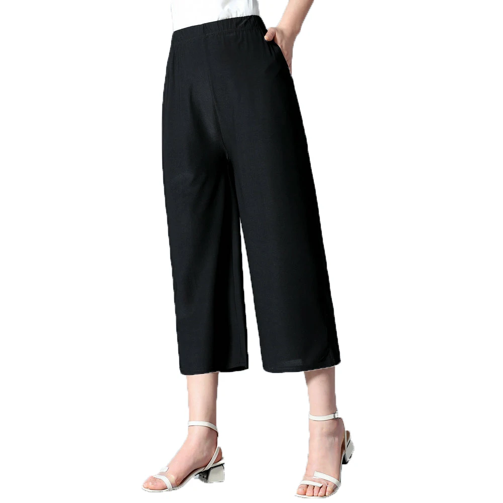 

Women Summer Pants Black Chiffon Elastic Band Waist Trousers Female Casual Loose Cropped Pant Woman Crepe Bottom Crop Pant 2019