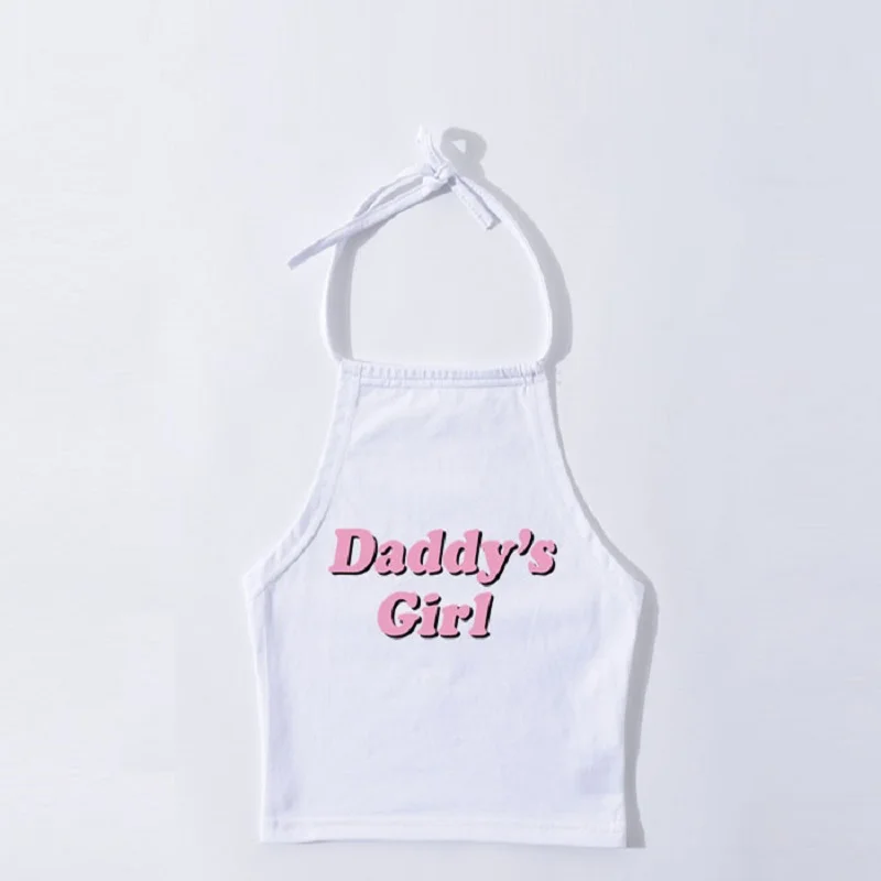 Сексуальная Лолита Kawaii хлопок Короткие топы милые розовые буквы Daddy'S Girl без рукавов майка женская летняя забавная Tumblr - Цвет: White