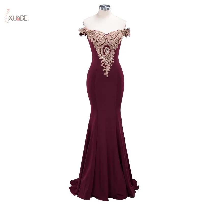 

Long Bridesmaid Dresses Burgundy Mermaid 2019 Off The Shoulder Gold Applique Wedding Party Guest Gown robe demoiselle d'honneur