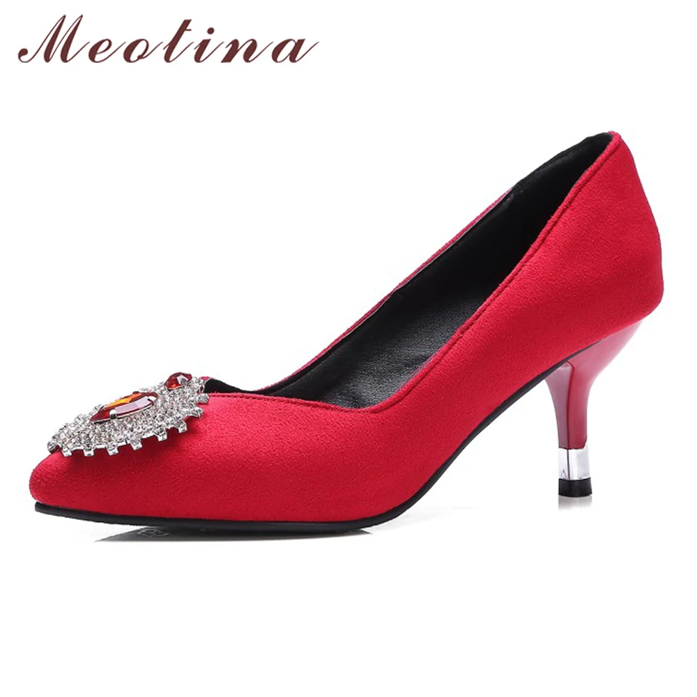 Meotina High Heels Shoes Women Pumps Crystal Wedding Red High Heels Ladies Party Shoes Pointed Toe Pumps Black Green Size 34-43