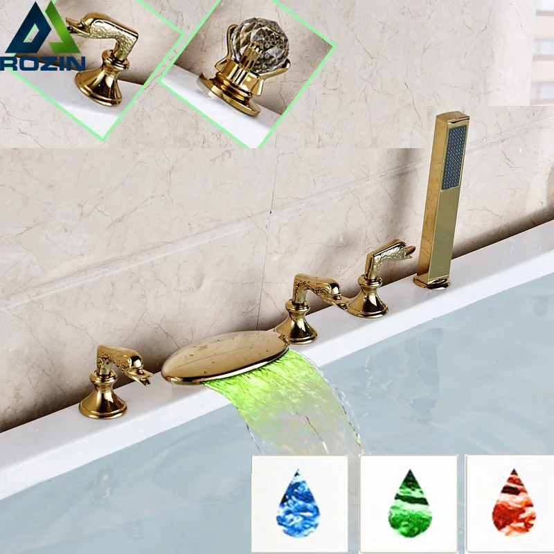 

LED Light Waterfall Widespread Tub Bath Faucet Deck Mounted Side Handshower 5pc Bathtub Mixer Taps