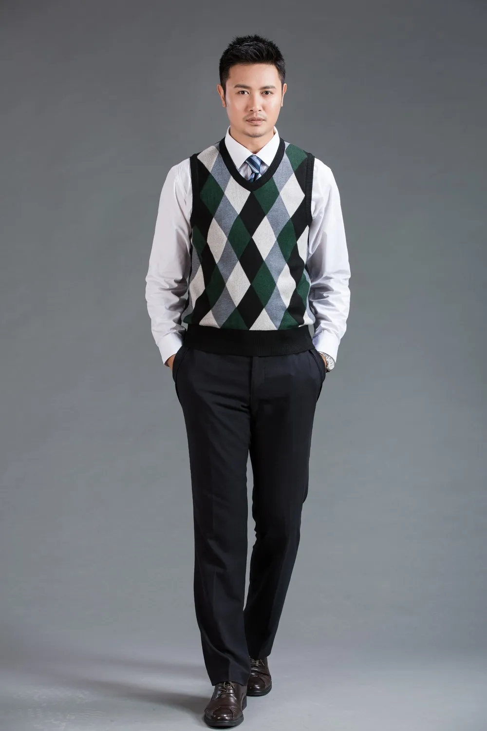 Высокое качество Мужская Мода argyle Интарсия свитер жилет мужской повседневный v-образный вырез контрастные цвета клетчатый узор шерстяной жилет