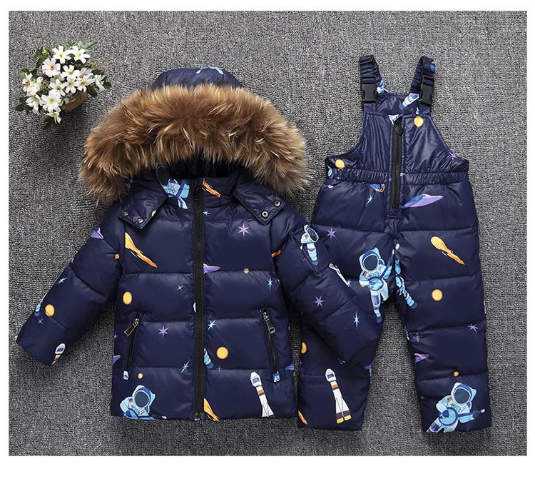 30 Degrees Winter Children Down Jacket Clothing Sets Furry Collar Girls Down Jackets+ Overalls Kids Warm Suit For Boys