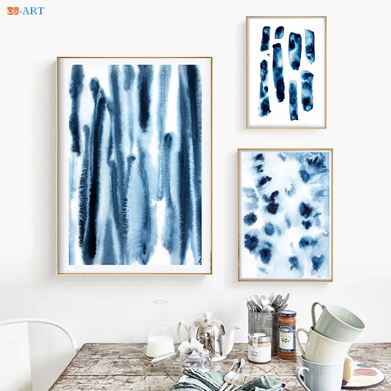 

Modern Canvas Painting Pictures Navy Blue Wall Art Abstract Watercolor Painting Posters and Prints Kitchen Art Desk Decor
