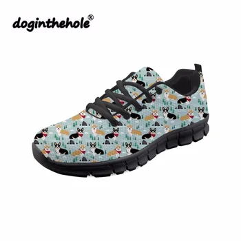 

doginthehole Comfortable Sneakers for Teenager Corgi Printing Classic Flat Shoes Feminine Lace-up Autumn Flats Women Mesh Shoes
