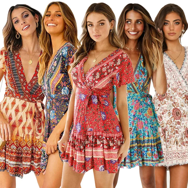 

2019 Women Bohemian Floral Mini Summer Dress Festa V Neck Ruffle Bandage Dress Female Elegant Holiday Beach Casual Sundress