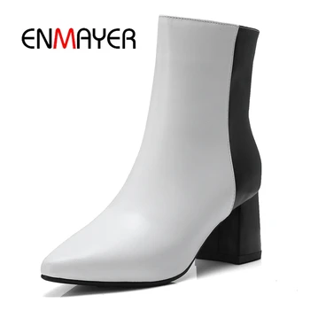 

ENMAYER Women Ankle boots Fashion Short boots Size 34-39 Causal Pointed Toe Thick heels Leather Women Shoes Zipper Black CR1349