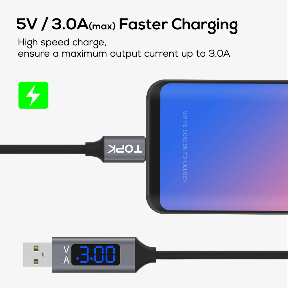 TOPK D-Line2 Fast Charging USB 3.0 USB Type C Cable , Voltage and Current Display Data Sync USB-C Cable for Xiaomi A1 Samsung S9 TOPK D-Line2 Fast Charging USB 3.0 USB Type C Cable , Voltage and Current Display Data Sync USB-C Cable for Xiaomi A1 Samsung S9