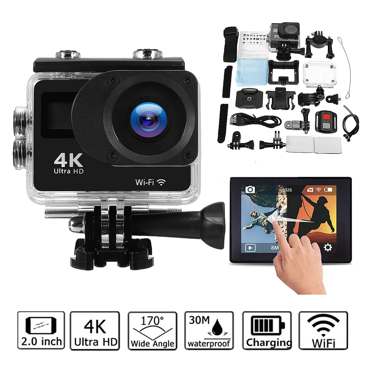 

Waterproof 4K 170 Degree Dual-Touch Screen Sports DV Action Camera Camcorder Wireless Wrist Remote Control 61x44x32mm Black
