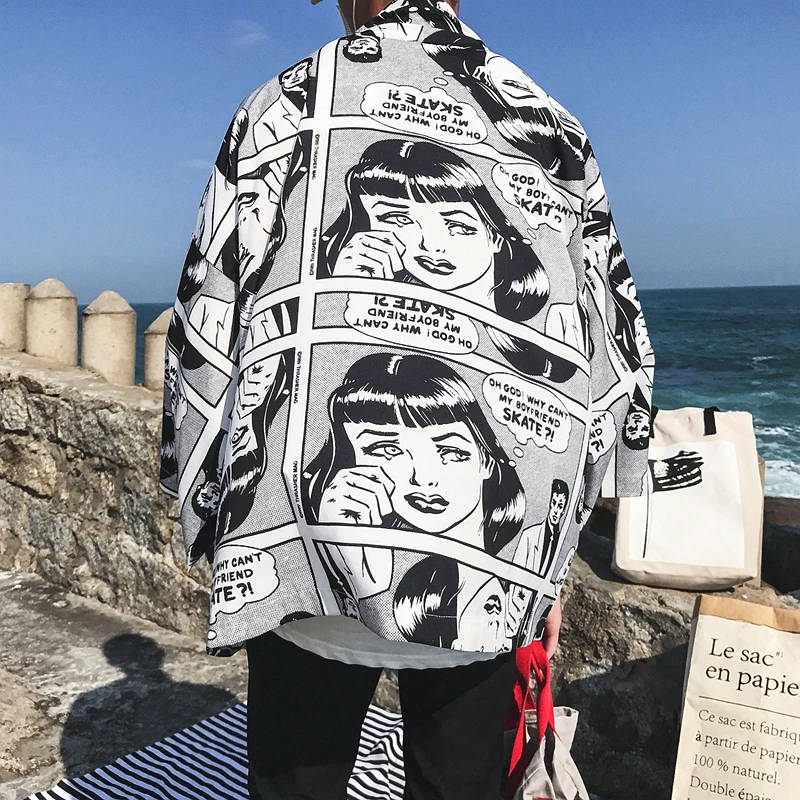 Open Stitch Kimono Jacket Men 2018 Summer Full Print Men's Jacket Three Quarter Sleeve Thin Style Mens Clothing