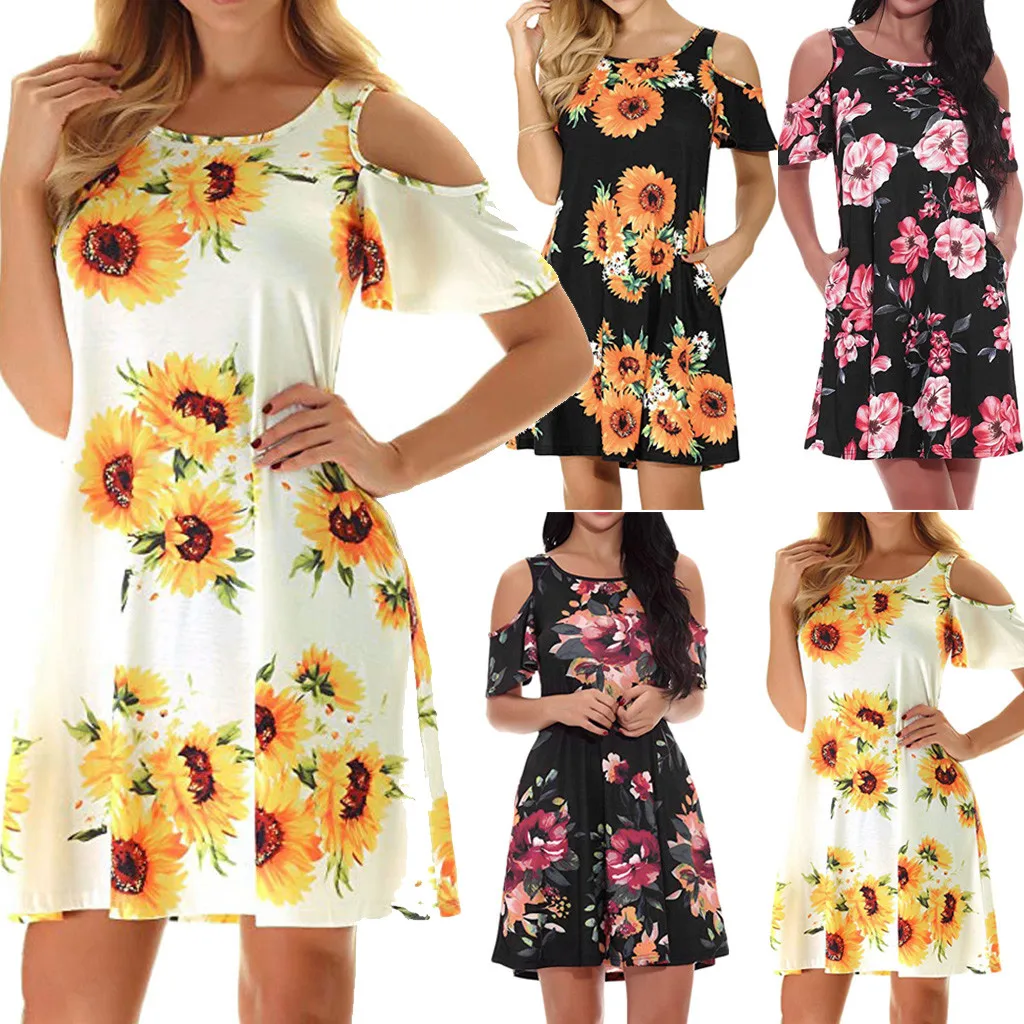 NEW Sunflower dress Women's Casual Off Shoulder Long Sleeve Flower