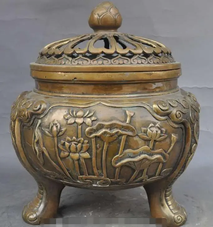 

S7337 9" chinese buddism Temple Joss bronze lotus flower statue Incense Burner Censer D0318