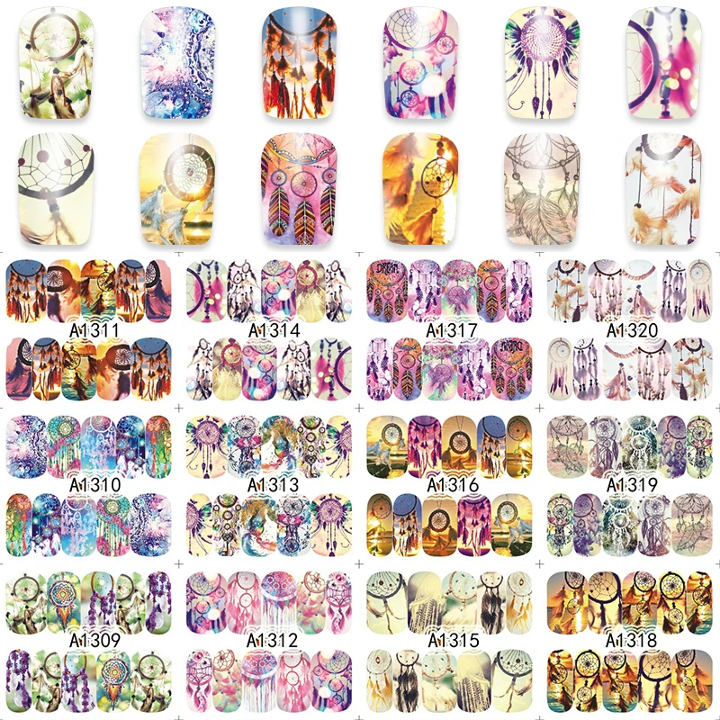 

FWC 12 Pieces/Set Nail Sticker Water Transfer Windmill Feather Decal Women Full Tip for Nail Art Fashion A1309-1320