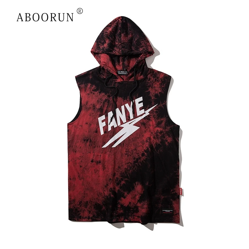 

ABOORUN Men's Summer Tank Tops Fashion Tie Dye Printed Hooded Vest Hip Hop Sleeveless Wasitcoat for Male R738